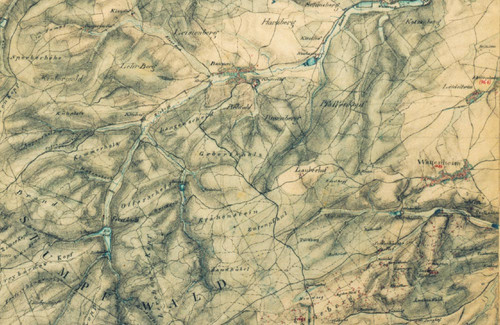 Ausschnitt aus einem Originalpositionsblatt 1:25 000 der topographischen Aufnahme der pfälzischen Gebiete des ehem. Königreiches Bayern (1836 - 1841)
