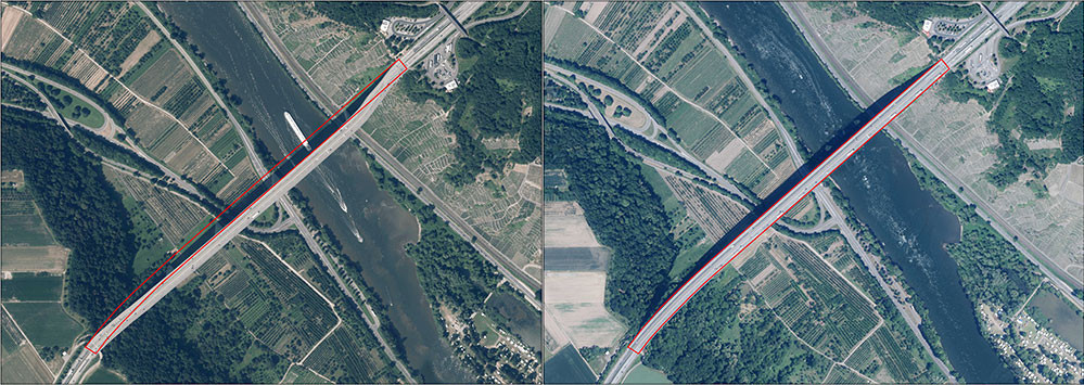 Zwei Luftbildaufnahmen der Winninger Brücke im Vergleich