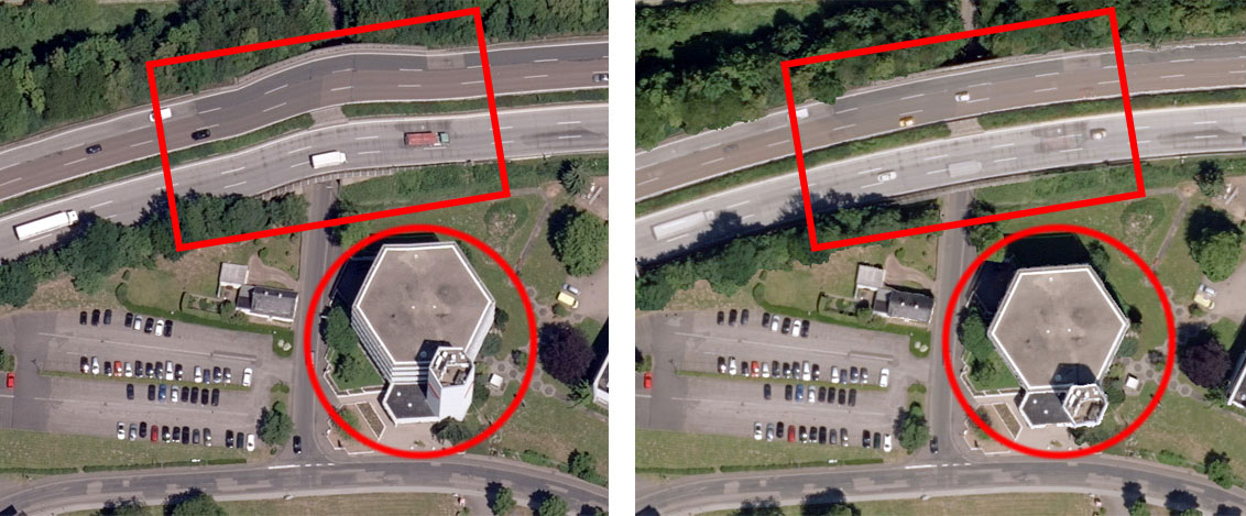 Zwei Luftbildaufnahmen einer Kirche im Vergleich